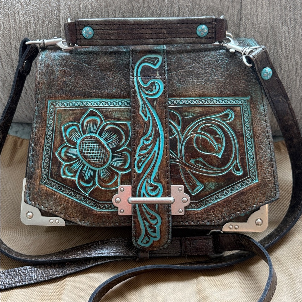 Patricia Nash Tooled Turquoise Stella Satchel Crossbody Purse
